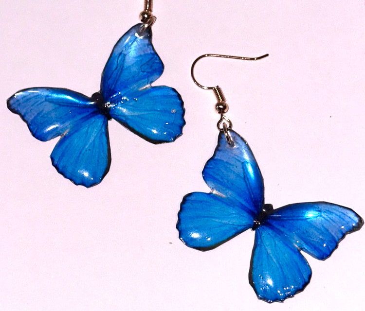 Blue Morpho butterfly earrings and pendant.