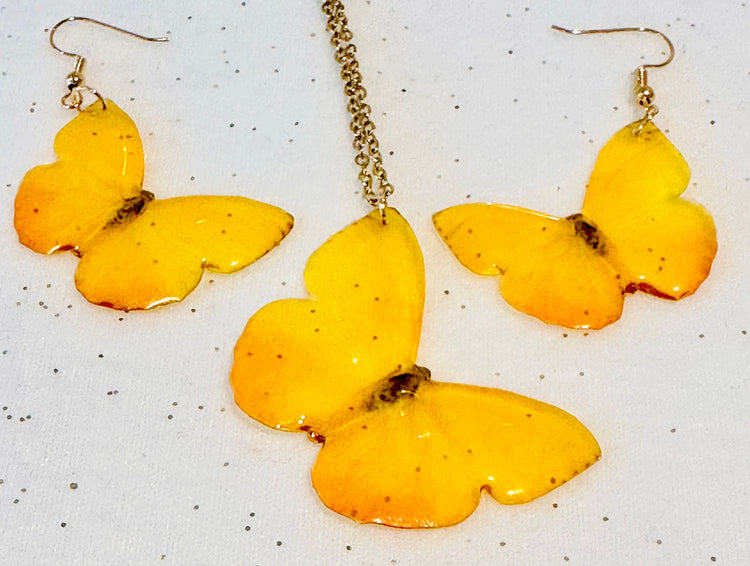 Orange Barred Sulphur Butterfly earrings and pendant.