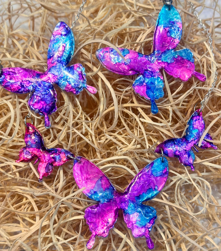 Tin jewellery. Very pretty butterfly necklace and earrings set. Made from soda cans. Pink and purple abstract butterfly earrings, handmade.