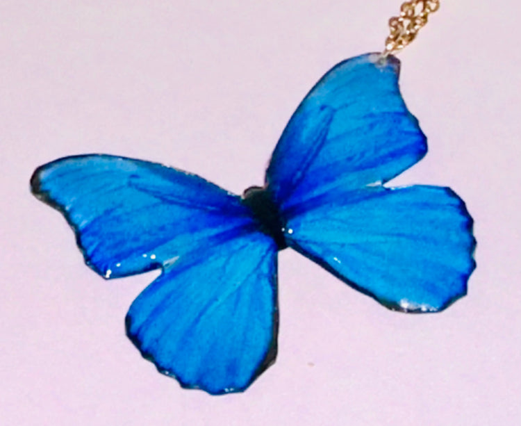 Blue Morpho butterfly earrings and pendant.