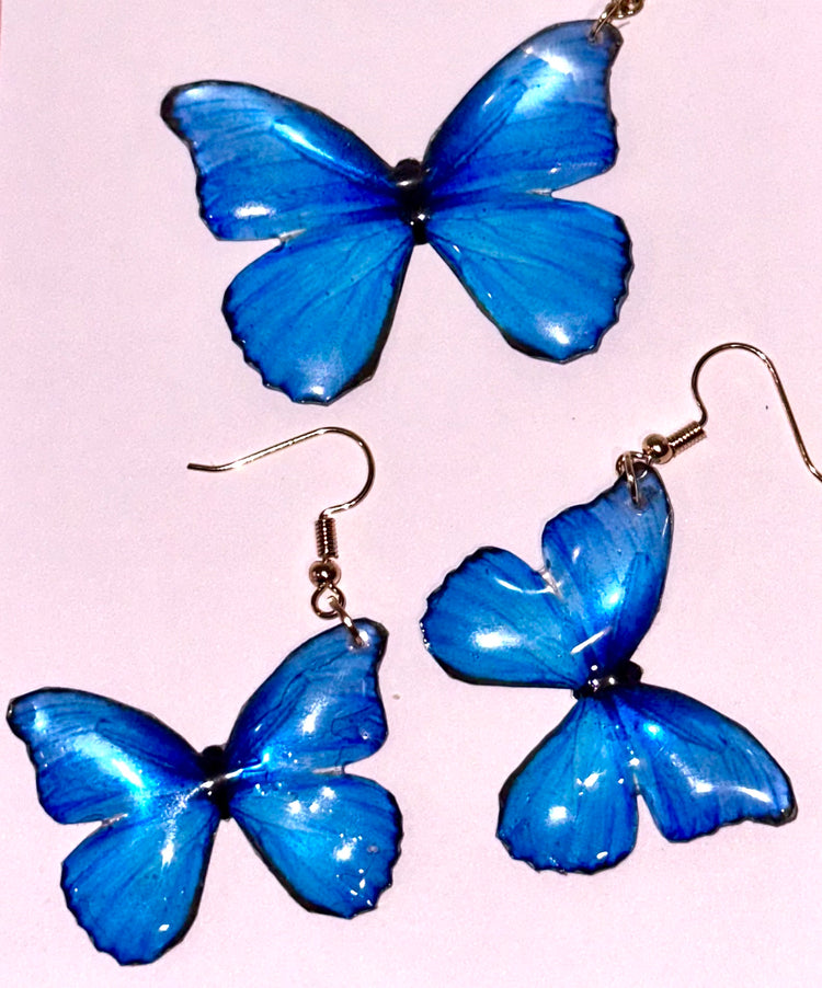 Blue Morpho butterfly earrings and pendant.