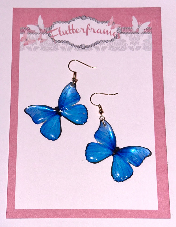 Blue Morpho butterfly earrings and pendant.