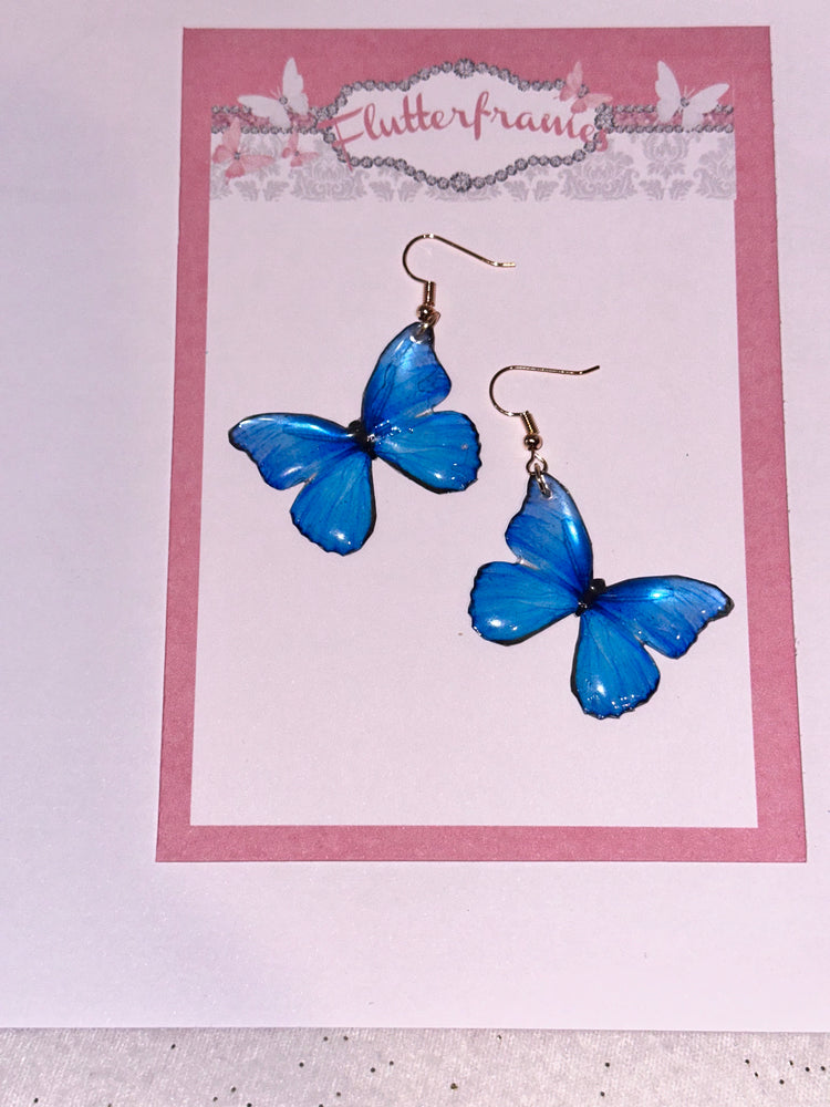 Blue Morpho butterfly earrings and pendant.