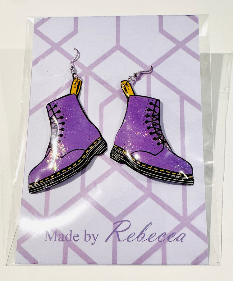 Lilac Dr Marten handmade earrings from tin cans