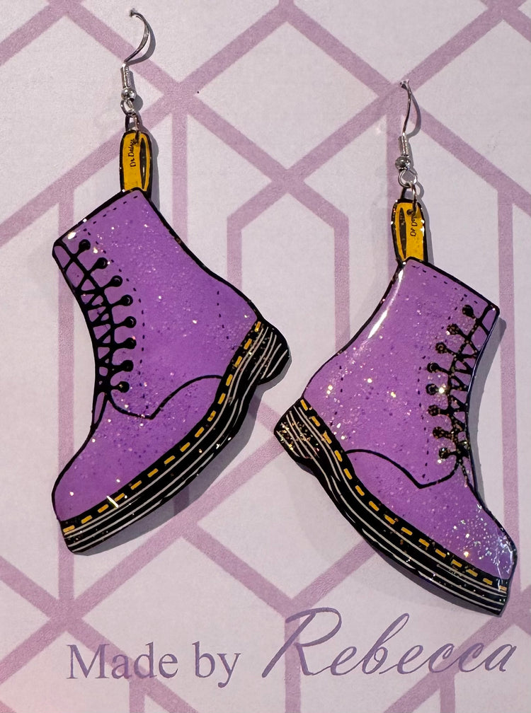 Sparkly Lilac Dr Marten handmade earrings from tin cans