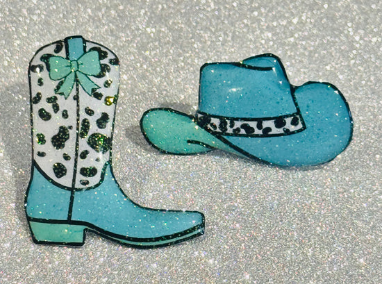 Teal turquoise  cowboy boots and hat unique pins