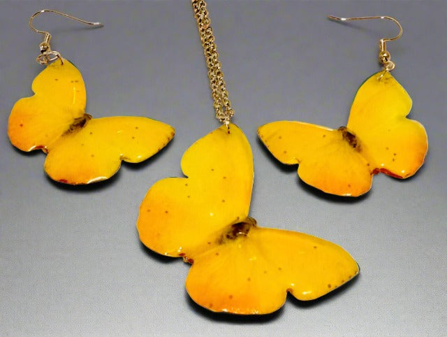 Orange Barred Sulphur Butterfly earrings and pendant.