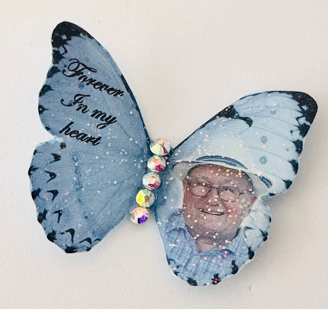 Butterfly photo,personalised keepsake,funeral attire hairclip,for funeral flowers,new baby memento, brooch,hairclip, decor, trinket.