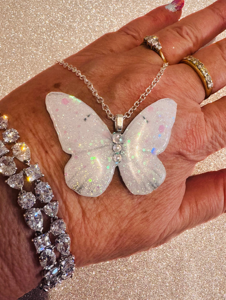 Beautiful white butterfly earrings and pendant set. Sparkly white butterfly jewellery. Butterflies from tin cans! Very unique and chic.