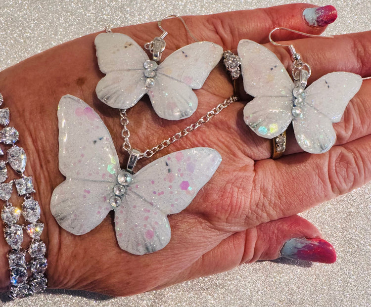 Beautiful white butterfly earrings and pendant set. Sparkly white butterfly jewellery. Butterflies from tin cans! Very unique and chic.