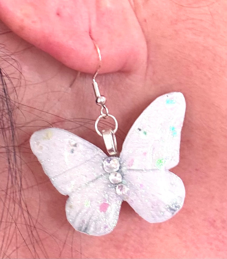 Beautiful white butterfly earrings and pendant set. Sparkly white butterfly jewellery. Butterflies from tin cans! Very unique and chic.