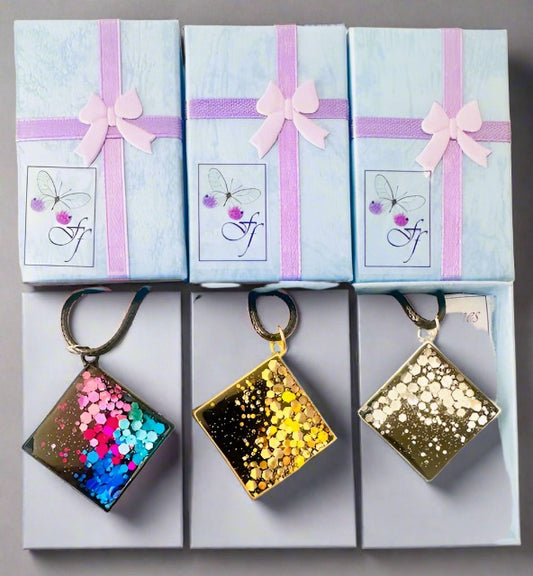 square  gold, silver, rainbow glitter shining pendant