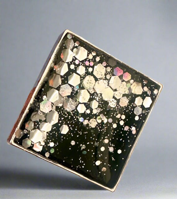 Vibrant Square glitter resin pendant on Black Adjustable Cord.Gold, silver and multi-coloured.