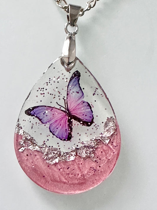 pink and purple butterfly resin pendant