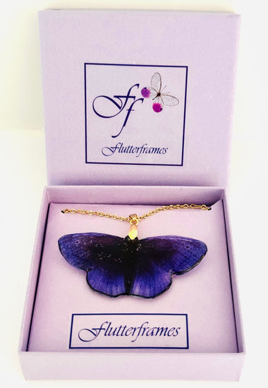 purple resin butterfly necklace in gift box