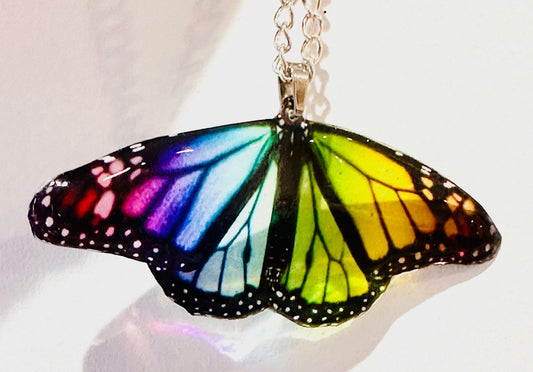 Rainbow, pride  resin butterfly pendant