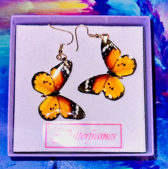 Orange Monarch butterfly earrings by flutterframes