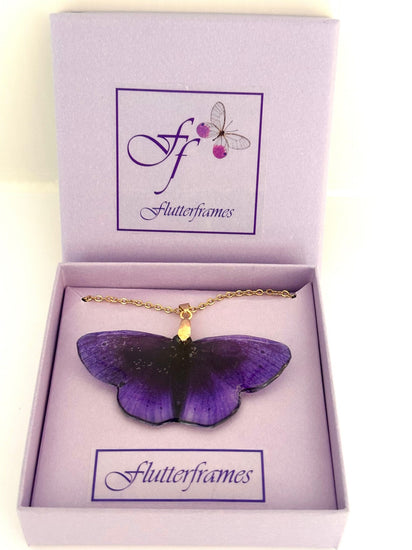 purple resin butterfly necklace with silver chain