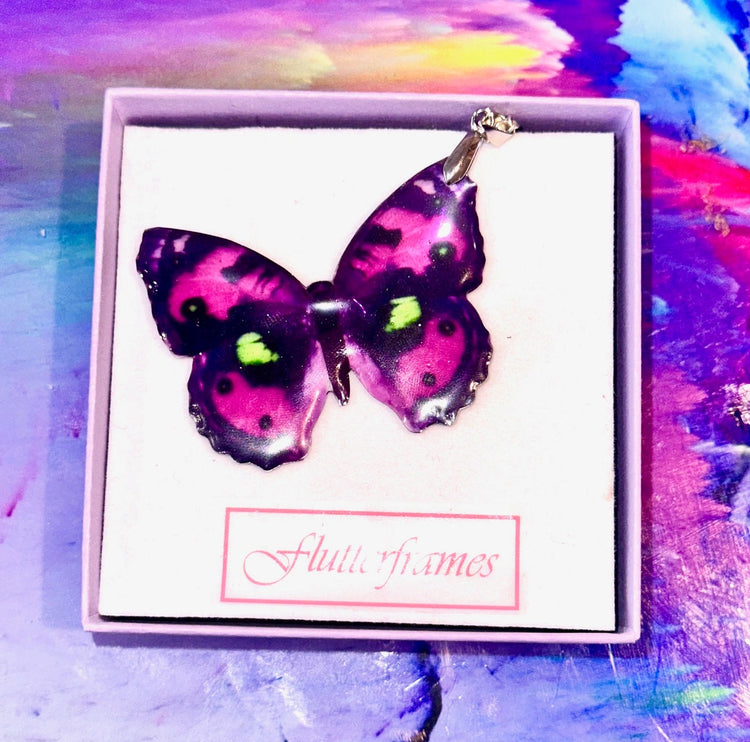 Pink and purple resin butterfly pendant