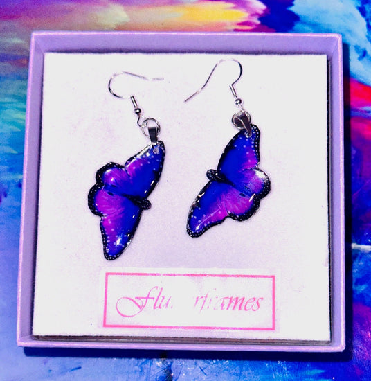 purple handmade butterfly earrings by Flutterframes