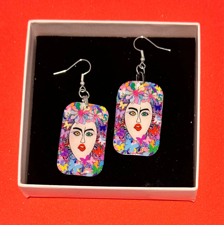 Unique earrings.Upcycled tin can.Woman Face,Vibrant, abstract, Art Deco,retro, quirky,statement jewellery,hand crafted,Tin anniversary gift