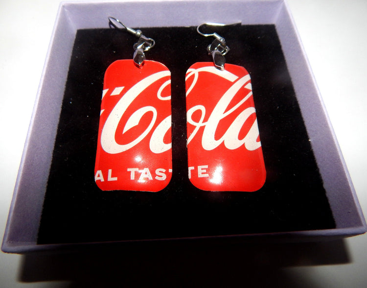 Coca-Cola Earrings,Coke Earrings,Recycled Coke Earrings,Tin anniversary gift,Unique earrings quirky,statement jewellery,tin can hand crafted