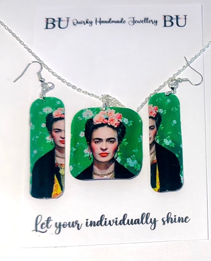 Frida Kahlo,earrings and pendant set.Upcycled from tin cans.Tin anniversary gift.Recycled tin jewelry.Boho quirky gift.Frida Kahlo jewllery.