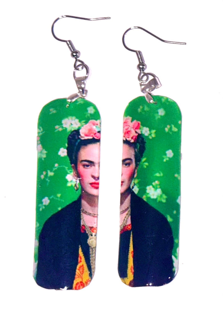 Frida Kahlo,earrings and pendant set.Upcycled from tin cans.Tin anniversary gift.Recycled tin jewelry.Boho quirky gift.Frida Kahlo jewllery.