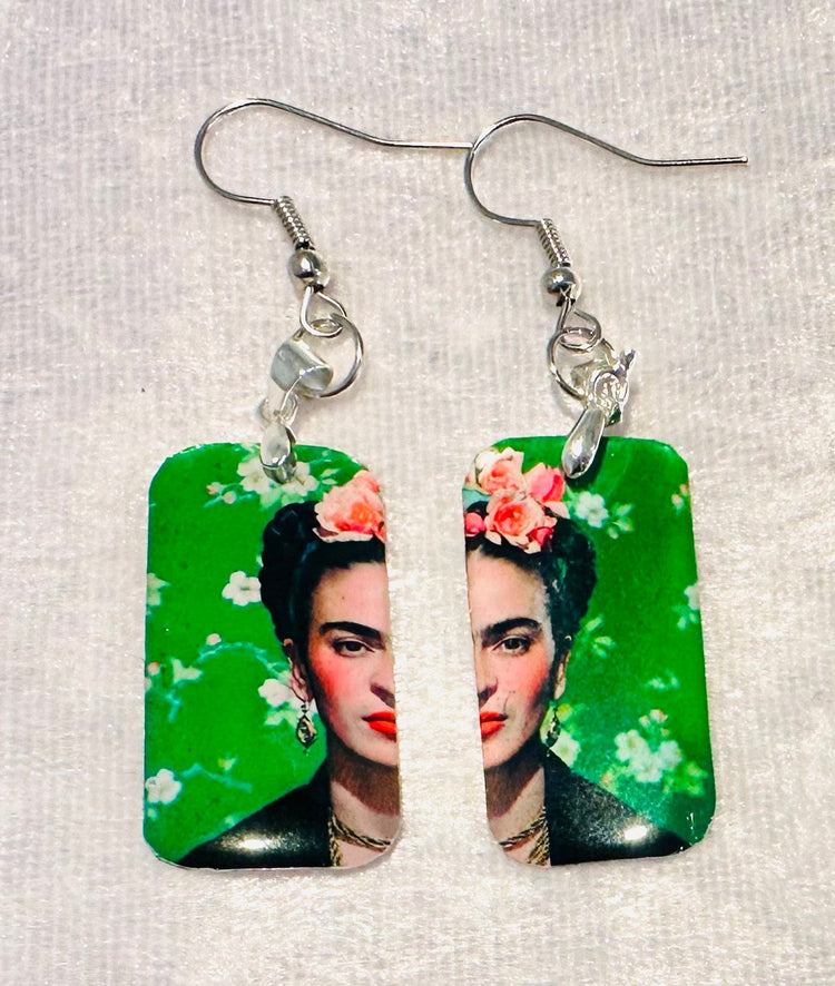 Frida Kahlo,earrings and pendant set.Upcycled from tin cans.Tin anniversary gift.Recycled tin jewelry.Boho quirky gift.Frida Kahlo jewllery.