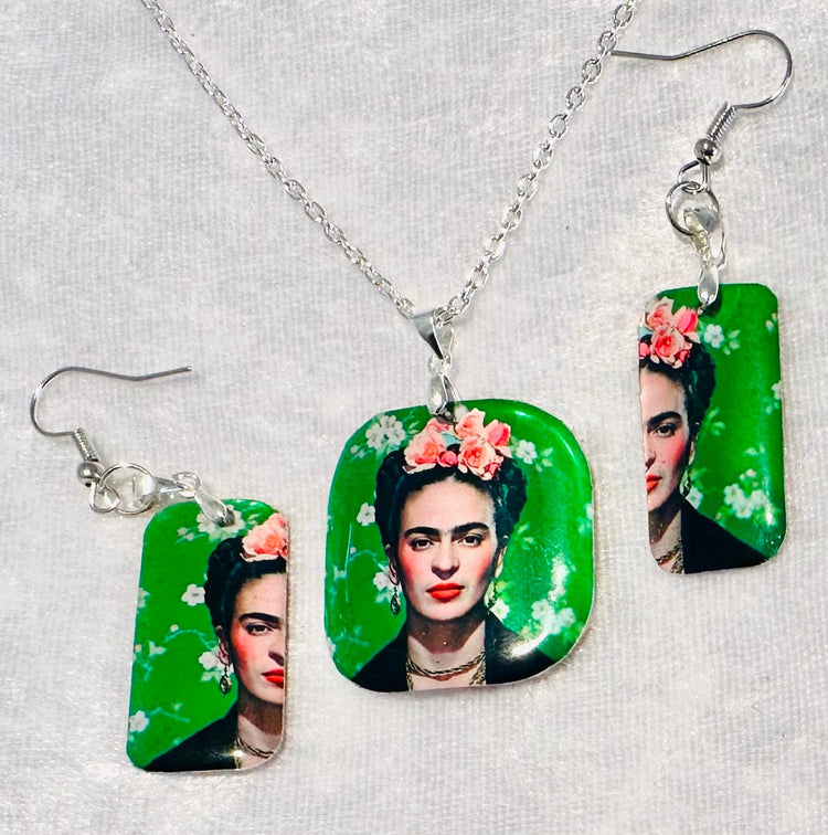 Frida Kahlo,earrings and pendant set.Upcycled from tin cans.Tin anniversary gift.Recycled tin jewelry.Boho quirky gift.Frida Kahlo jewllery.