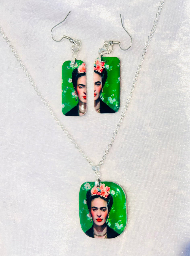 Frida Kahlo,earrings and pendant set.Upcycled from tin cans.Tin anniversary gift.Recycled tin jewelry.Boho quirky gift.Frida Kahlo jewllery.