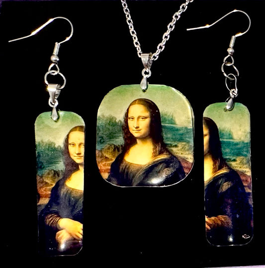 Mona Lisa Leonardo da Vinci earrings and pendant set. Upcycled tin can.Tin anniversary gift..Waterproof Tin.made from recycled soda cans