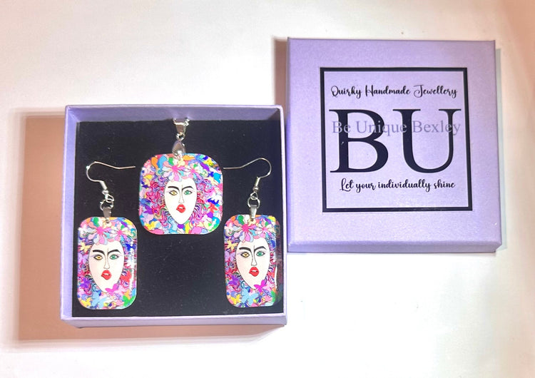 Unique earrings and pendant set.Upcycled tin can.Woman Face,Vibrant, abstract, Art Deco,retro, quirky,Tin anniversary gift.Recycled jewelry