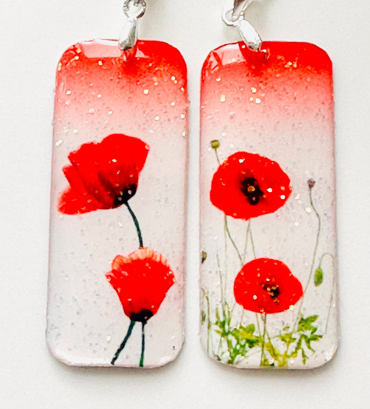 Poppy earrings.Poppies.White and red poppy dangle earrings,Tin anniversary gift.Handmade from tin,10th anniversary, poppy jewellery.Flower