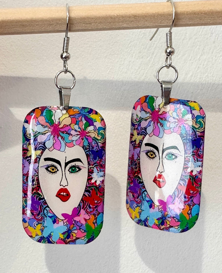 Unique earrings.Upcycled tin can.Woman Face,Vibrant, abstract, Art Deco,retro, quirky,statement jewellery,hand crafted,Tin anniversary gift