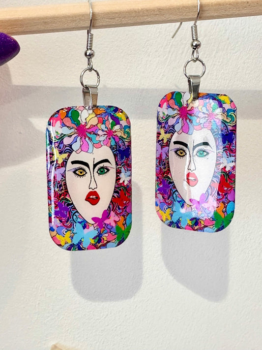 Unique earrings.Upcycled tin can.Woman Face,Vibrant, abstract, Art Deco,retro, quirky,statement jewellery,hand crafted,Tin anniversary gift