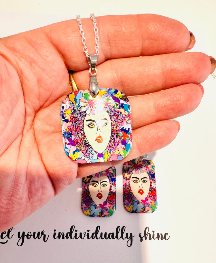 Unique earrings and pendant set.Upcycled tin can.Woman Face,Vibrant, abstract, Art Deco,retro, quirky,Tin anniversary gift.Recycled jewelry