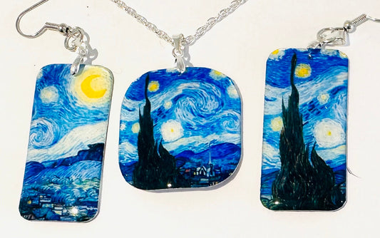 Starry Night earrings and pendant set.Upcycled tin can.Tin anniversary gift.Vincent Van Gogh.Waterproof Tin.made from recycled soda cans