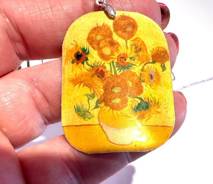 Sunflowers,Vincent Van Gogh earrings and pendant set.Upcycled tin can.Tin anniversary gift..Waterproof Tin.made from recycled soda cans