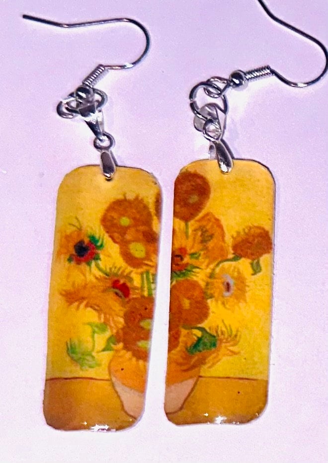 Sunflowers,Vincent Van Gogh earrings and pendant set.Upcycled tin can.Tin anniversary gift..Waterproof Tin.made from recycled soda cans