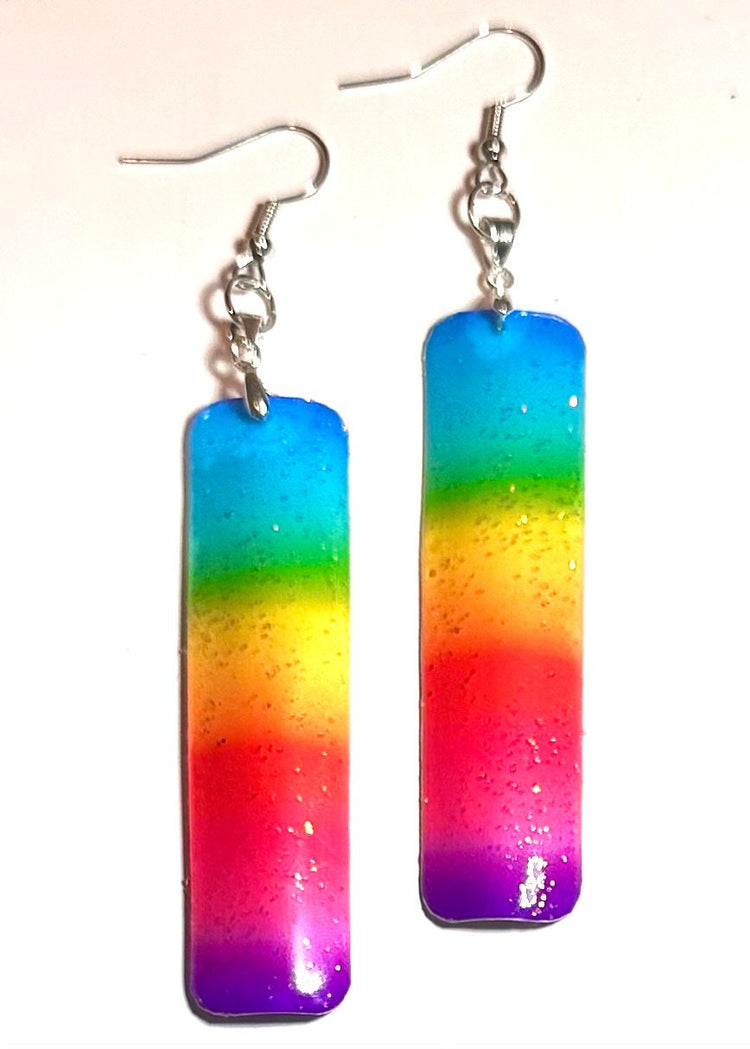 Rainbow sparkle Earrings,,Recycled tin can Earrings,Tin anniversary gift,Unique earrings quirky,statement jewellery, hand crafted. gay pride