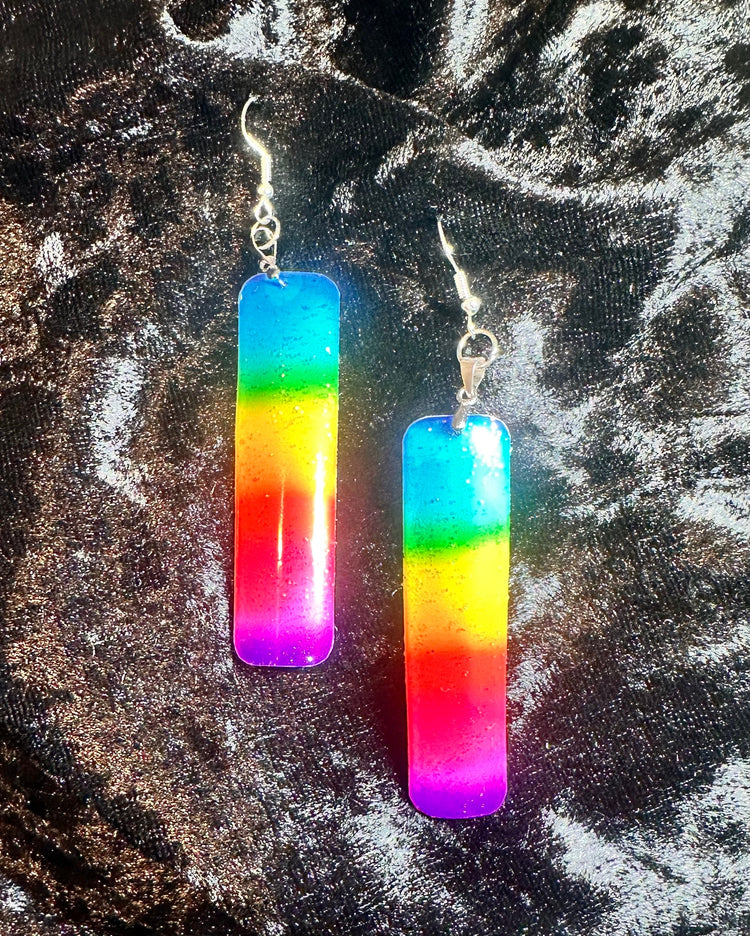 Rainbow sparkle Earrings,,Recycled tin can Earrings,Tin anniversary gift,Unique earrings quirky,statement jewellery, hand crafted. gay pride