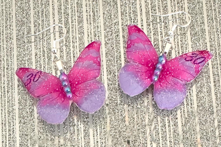 Personalised earrings with name, initial or birthday age. Unique butterfly earrings, birthday, 16th,18th,21st,30th,40th,50th.Pink and purple