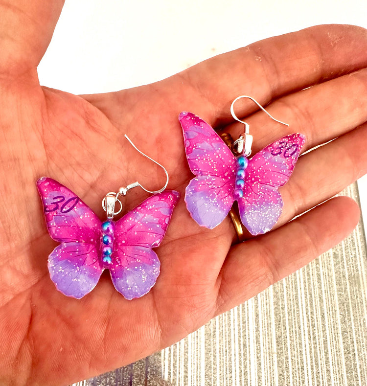 Personalised earrings with name, initial or birthday age. Unique butterfly earrings, birthday, 16th,18th,21st,30th,40th,50th.Pink and purple