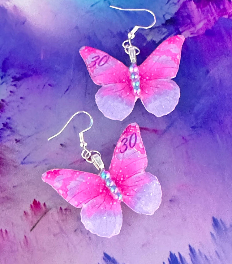 Personalised earrings with name, initial or birthday age. Unique butterfly earrings, birthday, 16th,18th,21st,30th,40th,50th.Pink and purple