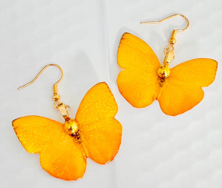 Orange Barred Sulphur Butterfly earrings. Yellow earring's with gold  gem. Quirky yellow butterfly earrings. Unique to flutterframes.