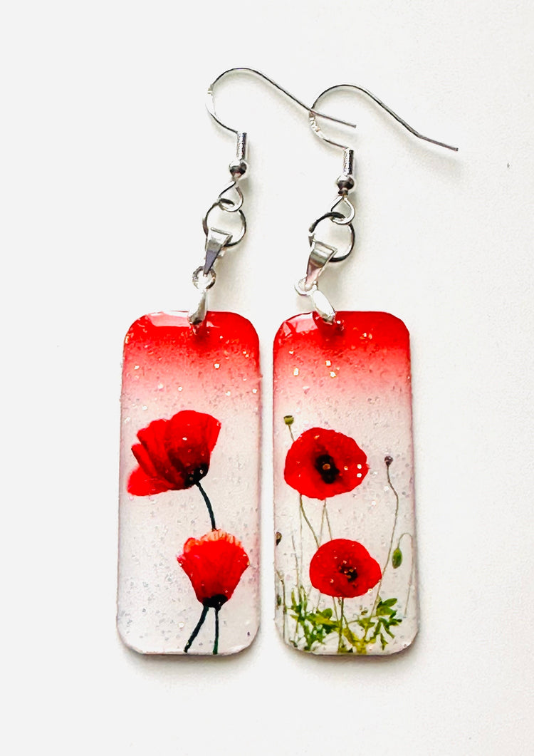 Poppy earrings.Poppies.White and red poppy dangle earrings,Tin anniversary gift.Handmade from tin,10th anniversary, poppy jewellery.Flower