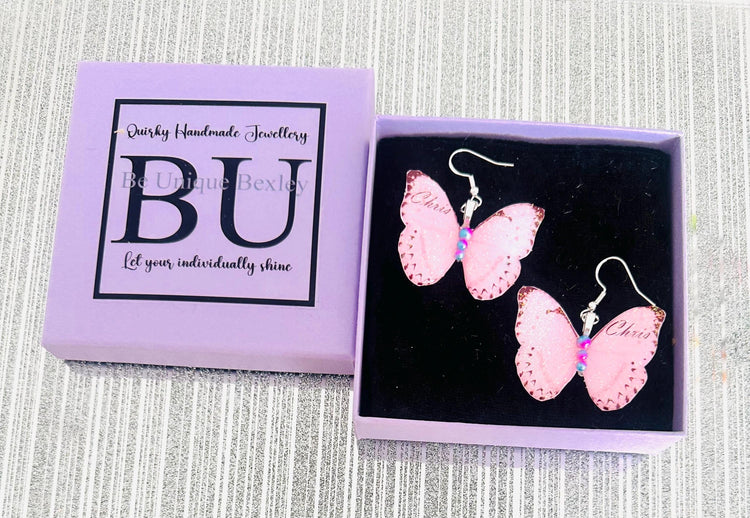 Personalised earrings with name or initial. Custom made butterfly earrings. Personalised pastel, butterfly earrings. Unique butterfly