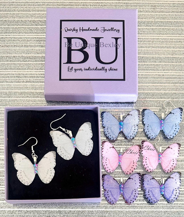 Personalised earrings with name or initial. Custom made butterfly earrings. Personalised pastel, butterfly earrings. Unique butterfly