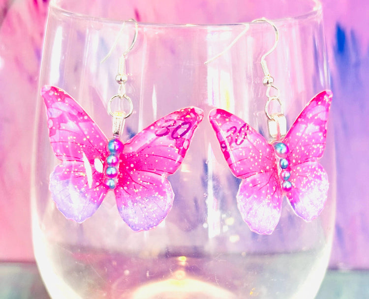 Personalised earrings with name, initial or birthday age. Unique butterfly earrings, birthday, 16th,18th,21st,30th,40th,50th.Pink and purple